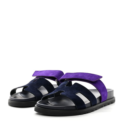 Hermes Suede Goatskin Womens Chypre Sandals 37 Marine Violet Majorette 3 of 9