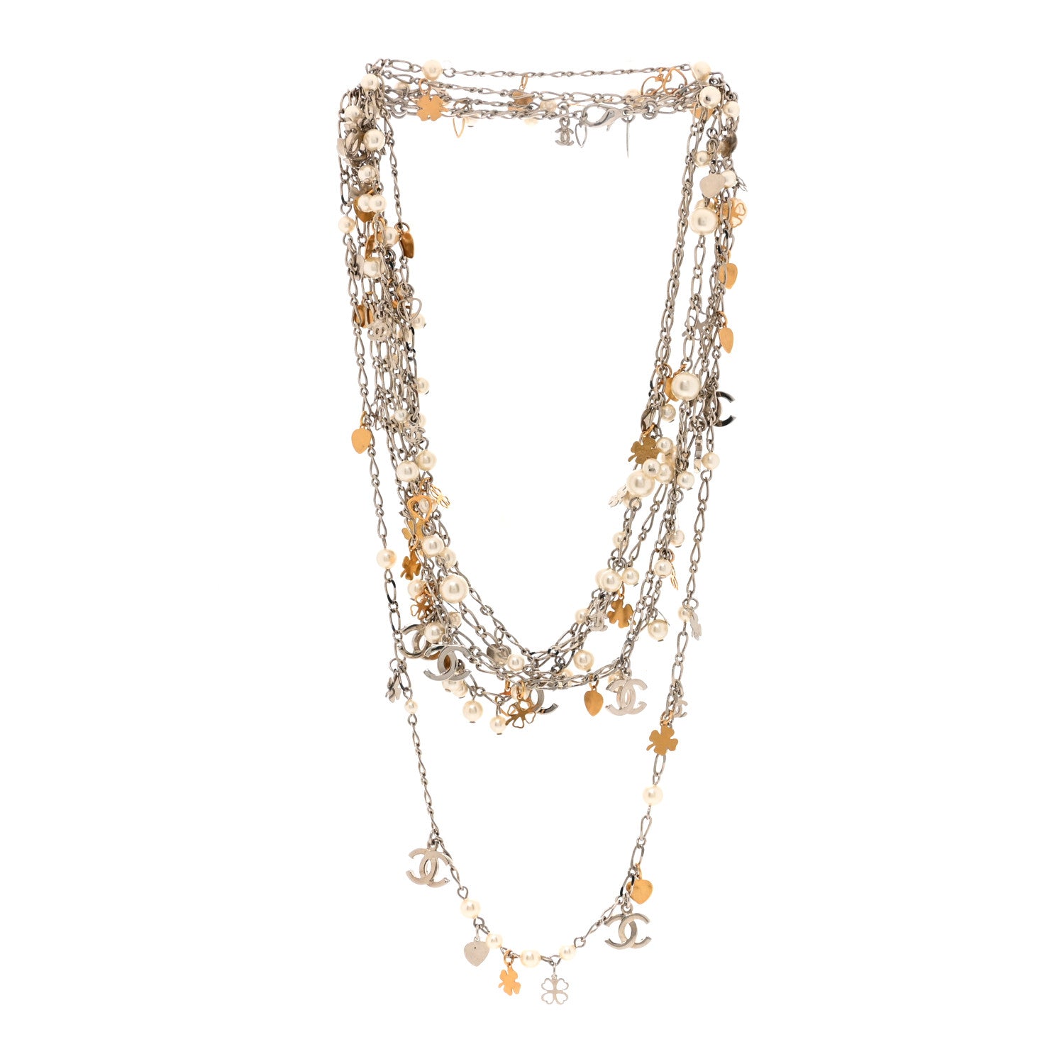 Chanel Pearl CC Clover Long Necklace Gold White 3 of 4
