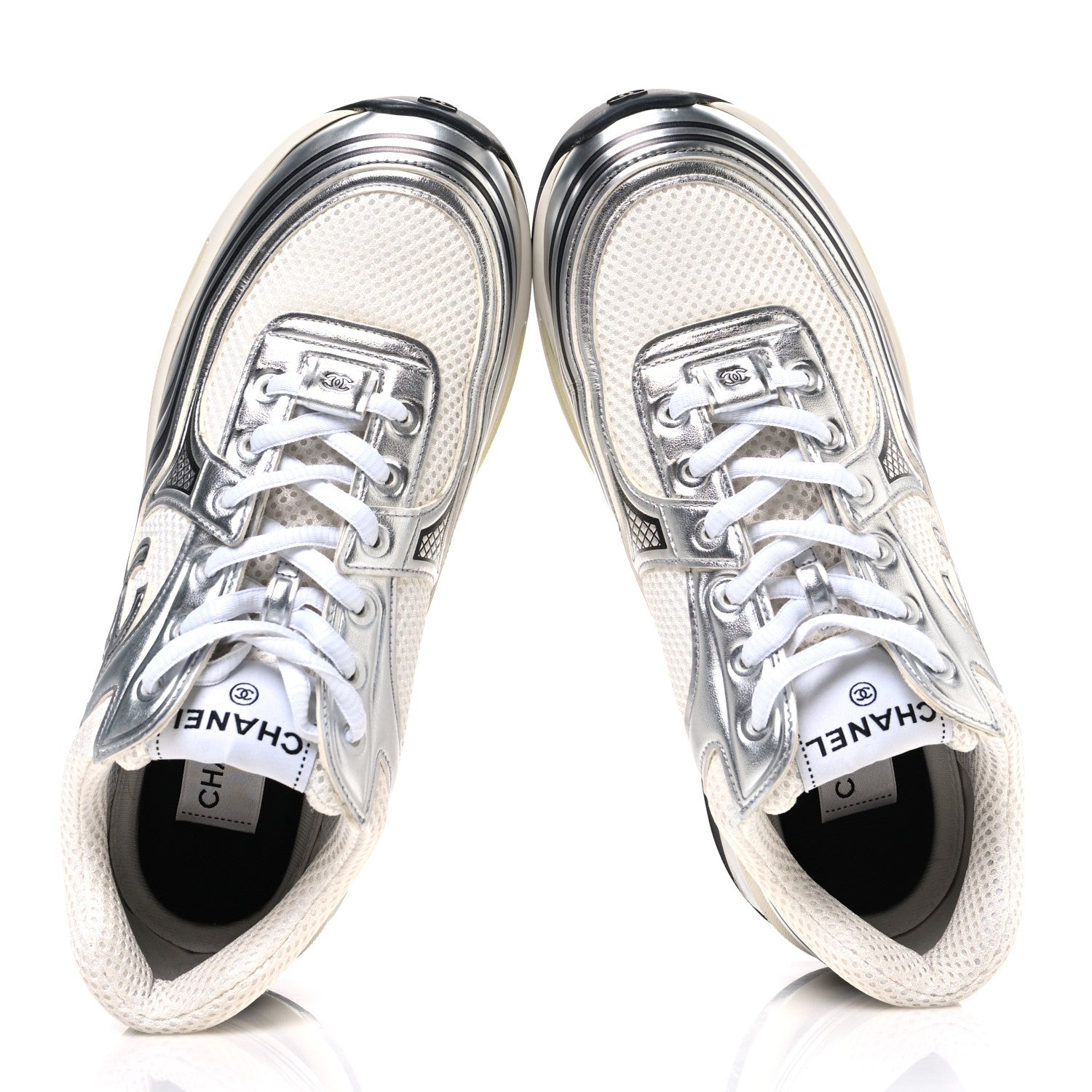 Chanel Fabric Laminated Calfskin Stretch CC Womens Sneakers 40 White Silver 2 of 11