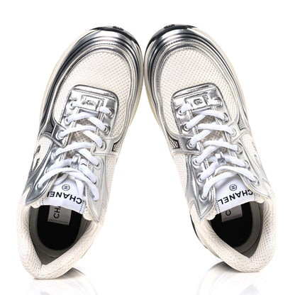 Chanel Fabric Laminated Calfskin Stretch CC Womens Sneakers 40 White Silver 2 of 11