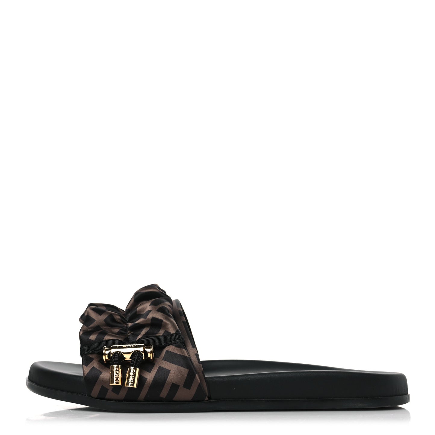 Satin FF Fendi Feel Slide Sandals 38 Tobacco Black