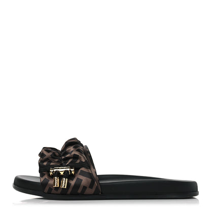Fendi Satin FF Fendi Feel Slide Sandals 38 Tobacco Black 1 of 8