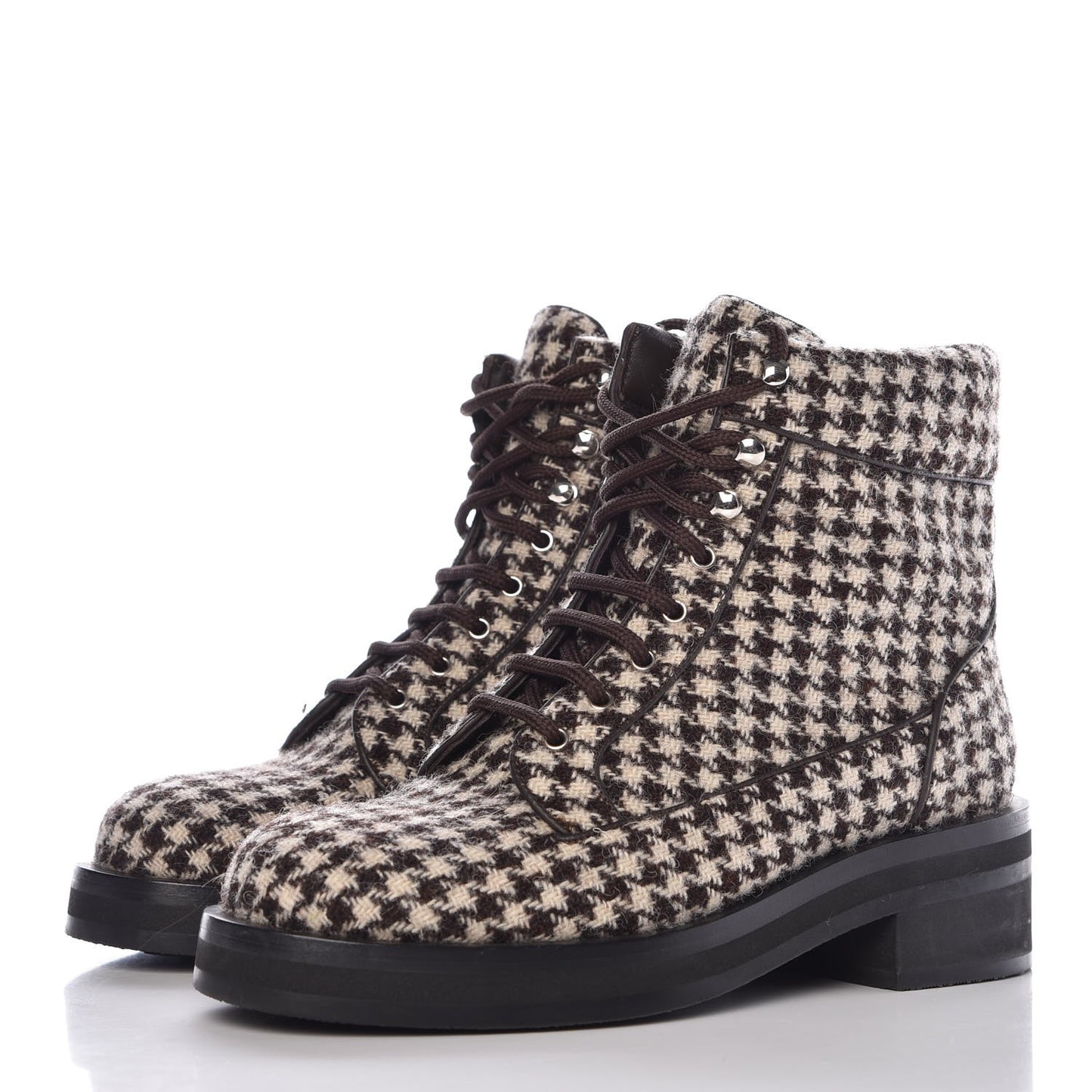 Tweed Lace Up Short Boots 37 Brown Beige
