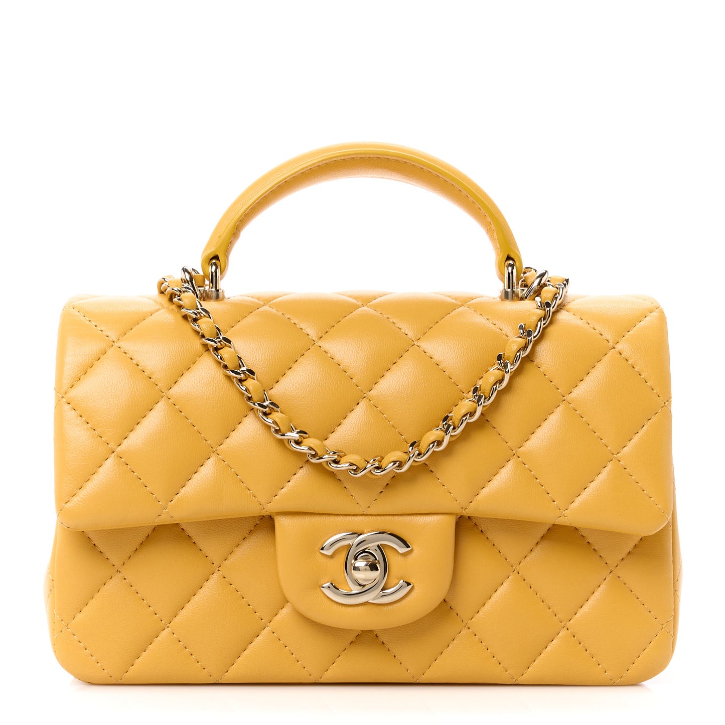 Lambskin Quilted Mini Top Handle Rectangular Flap Yellow