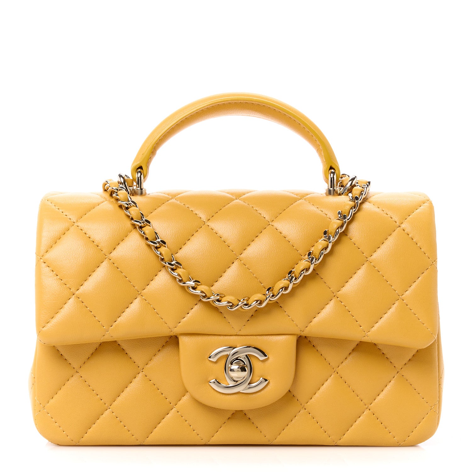 Chanel Lambskin Quilted Mini Top Handle Rectangular Flap Yellow 1 of 12