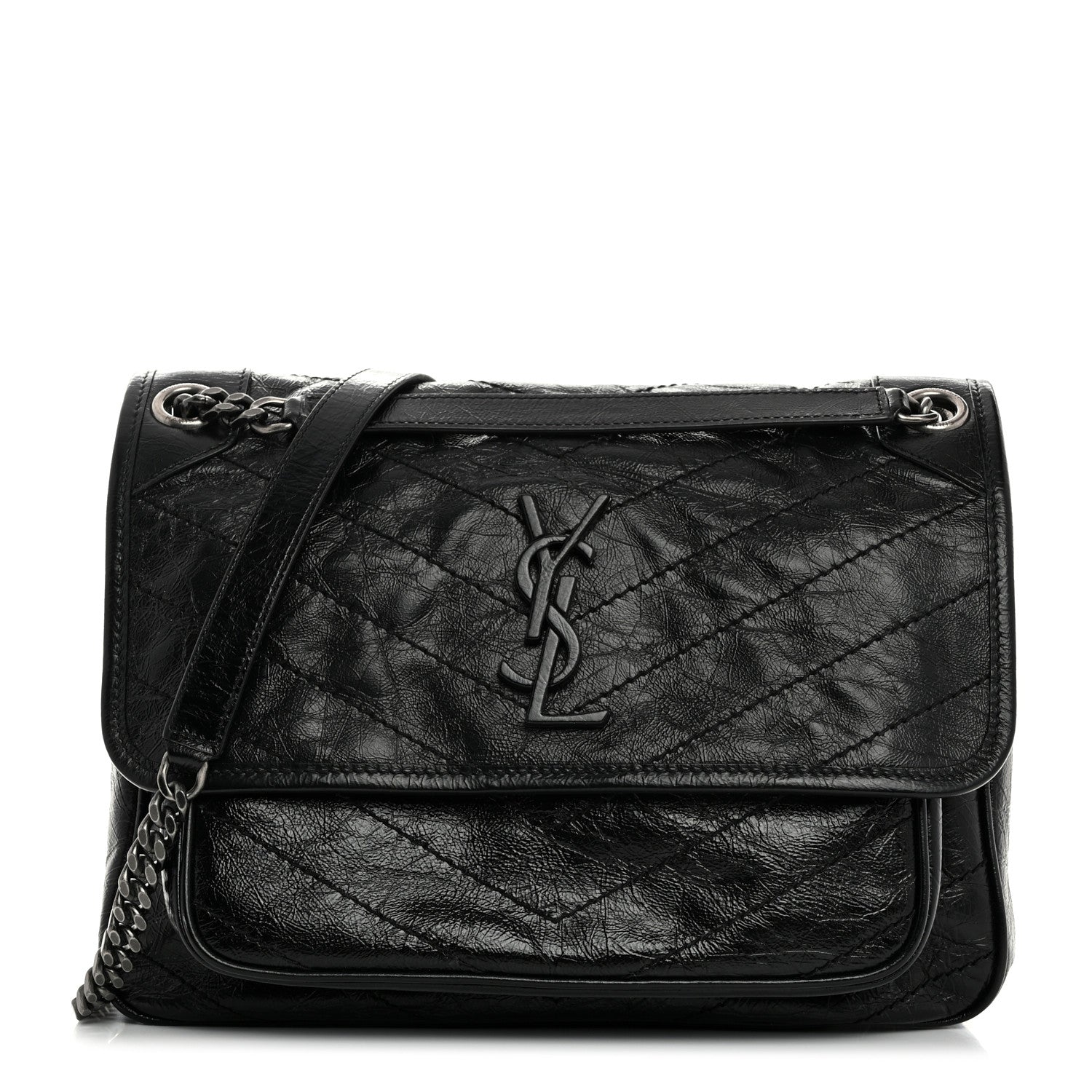 Saint Laurent Crinkled Calfskin Matelasse Monogram Medium Niki Chain Satchel Black 1 of 10