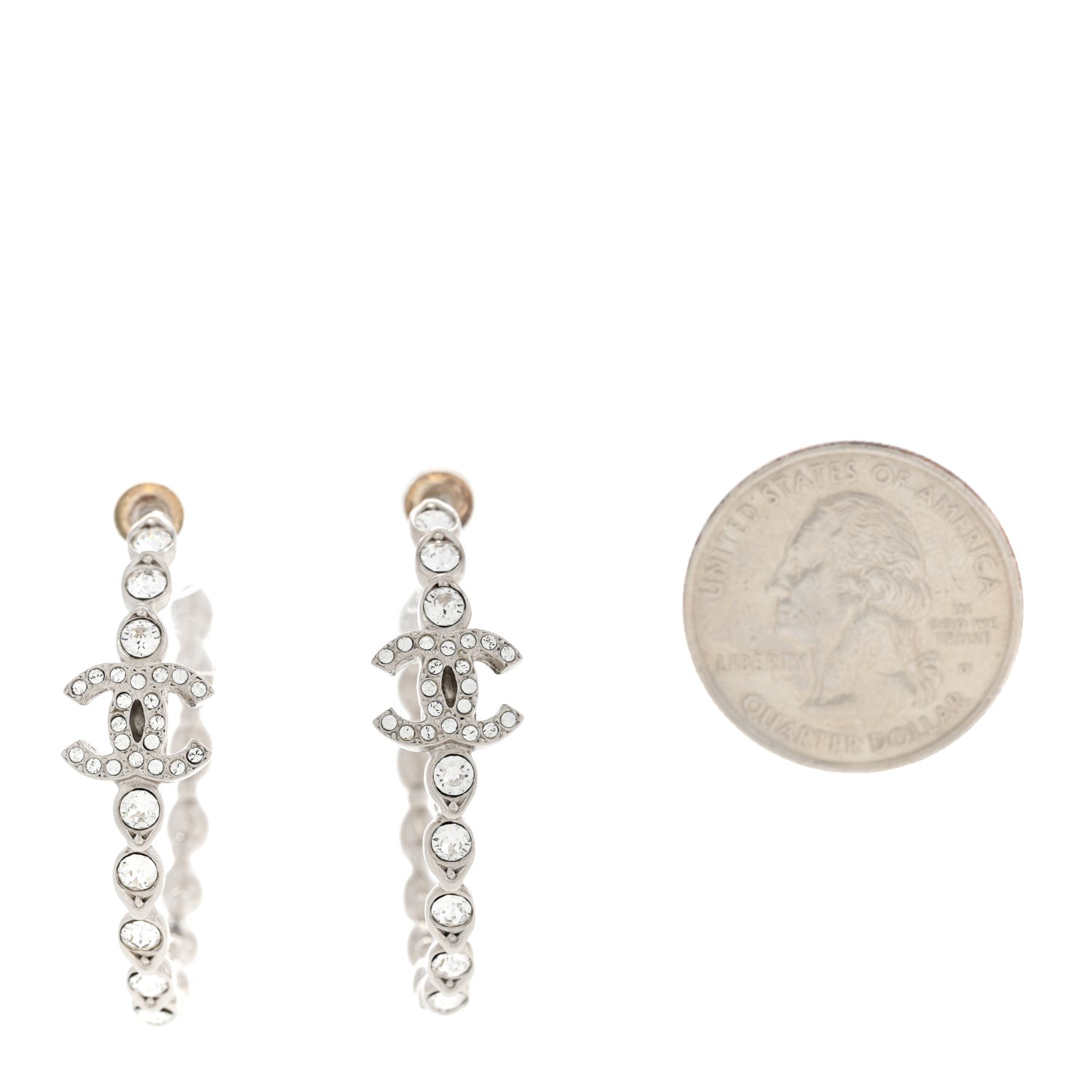 Chanel Metal Crystal CC Hoop Earrings Silver 2 of 5