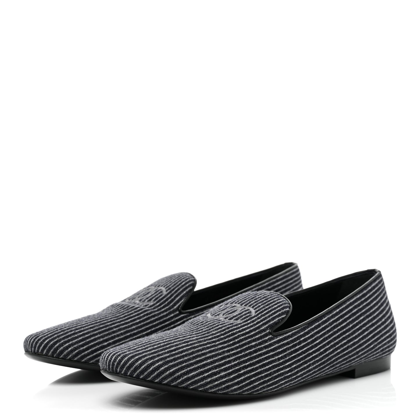 Fabric Lambskin Womens CC Stripe Mocassin Loafers 41 Grey Dark Blue