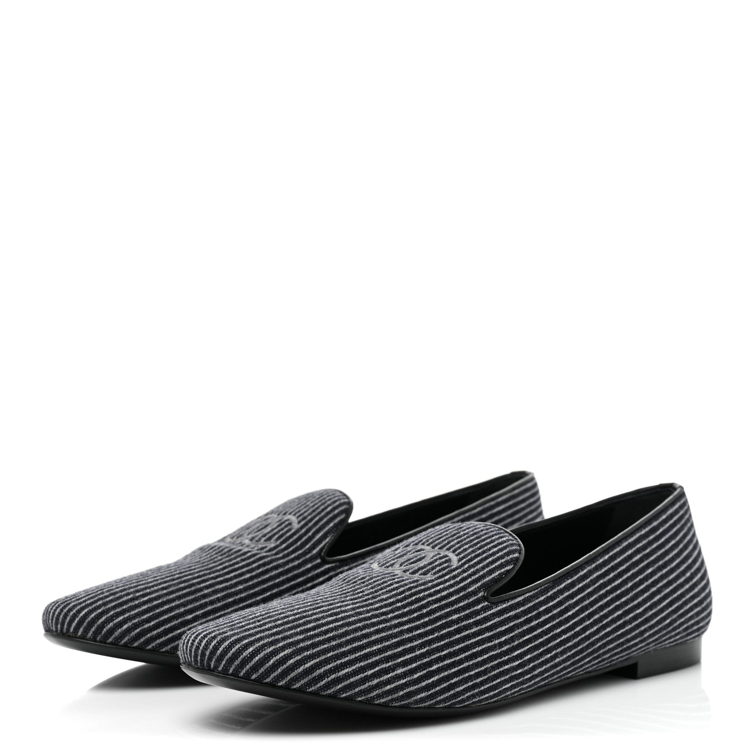 Chanel Fabric Lambskin Womens CC Stripe Mocassin Loafers 41 Grey Dark Blue 3 of 8