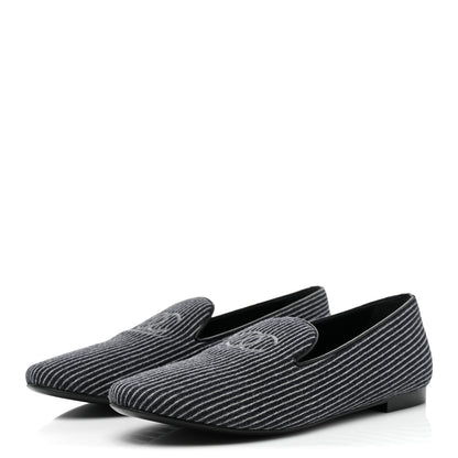 Chanel Fabric Lambskin Womens CC Stripe Mocassin Loafers 41 Grey Dark Blue 3 of 8