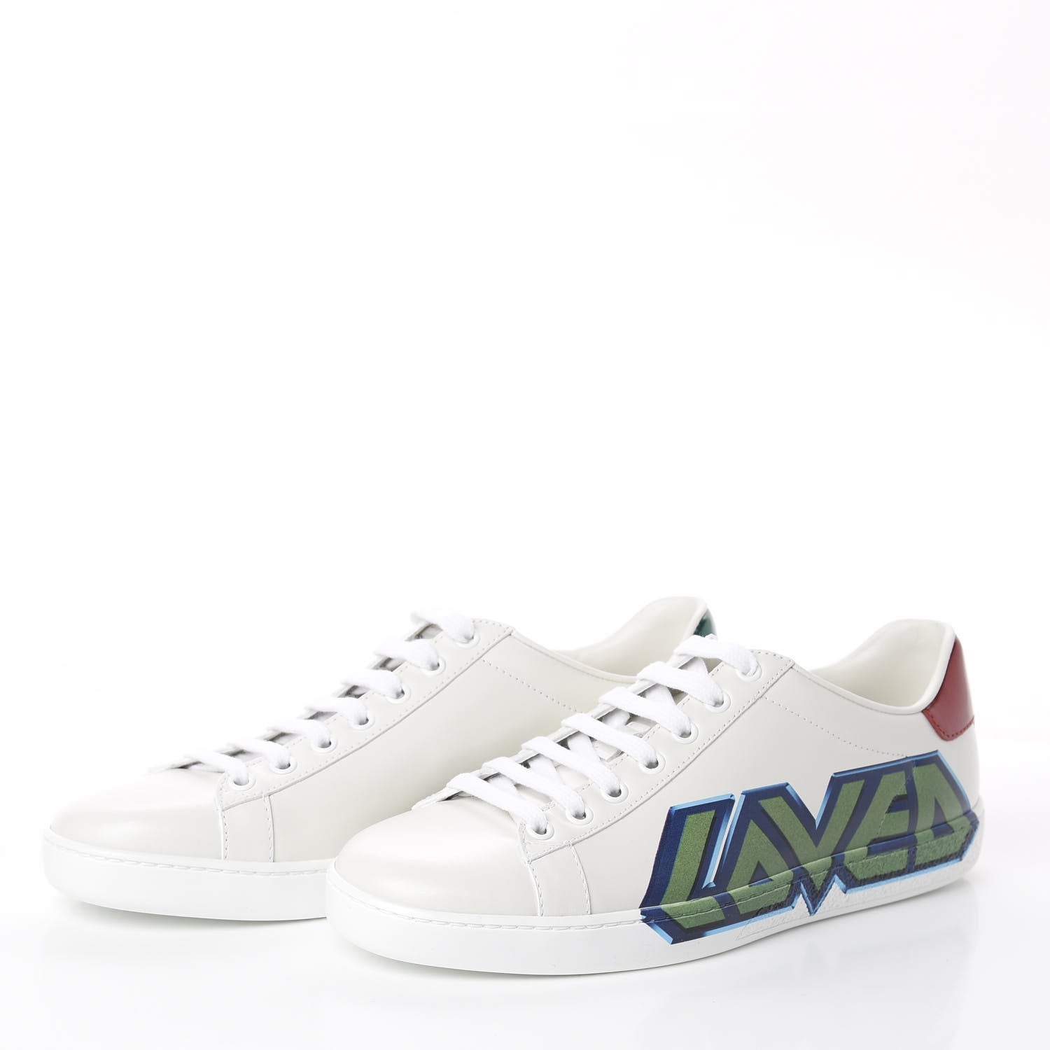 Gucci Calfskin Nappa LOVED Print Womens Ace Sneakers 38 White Red Flame Green 3 of 7
