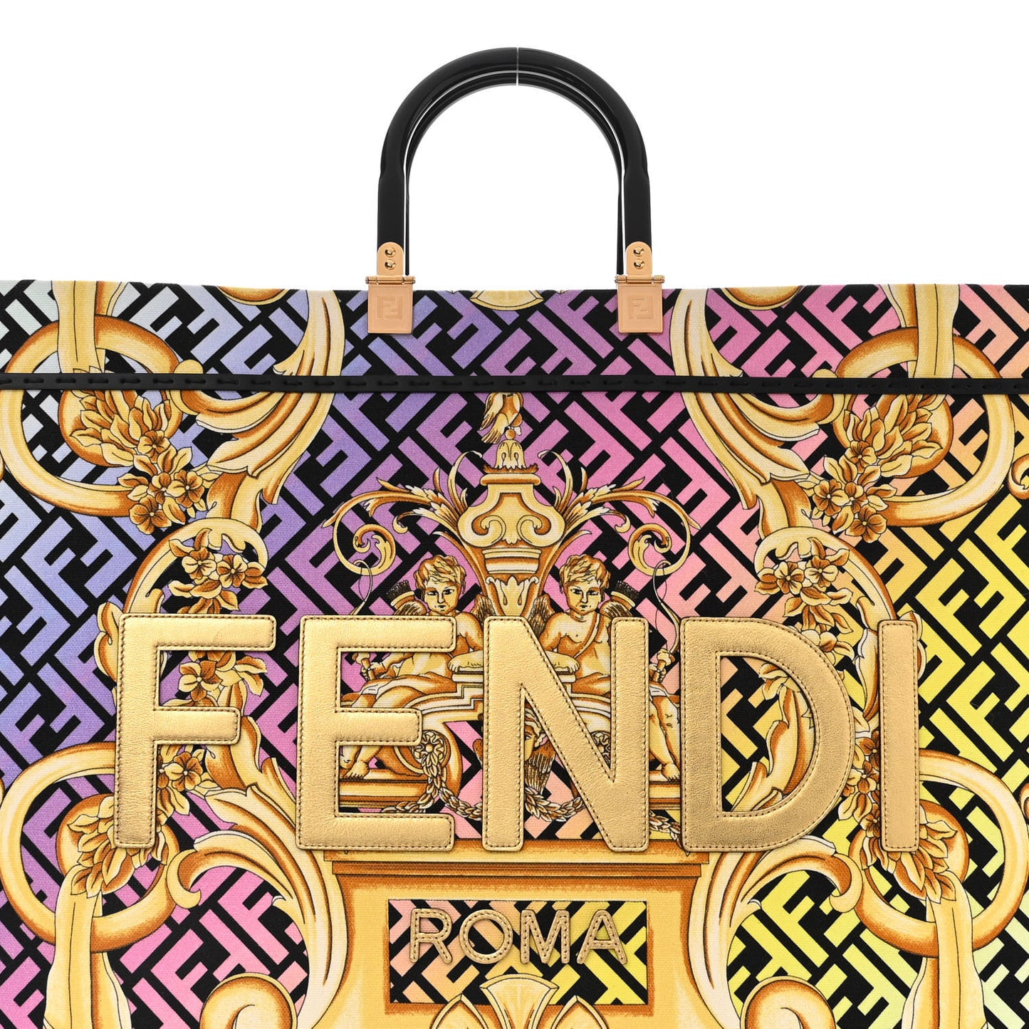 X VERSACE Canvas Printed Plexiglass Fendace FF Baroque XL Fendi Sunshine Shopper Tote Gold