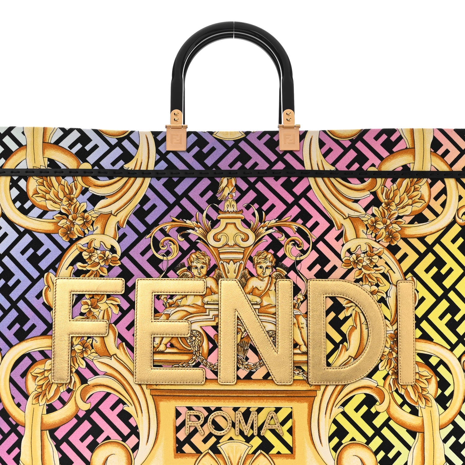 Fendi X VERSACE Canvas Printed Plexiglass Fendace FF Baroque XL Fendi Sunshine Shopper Tote Gold 7 of 9