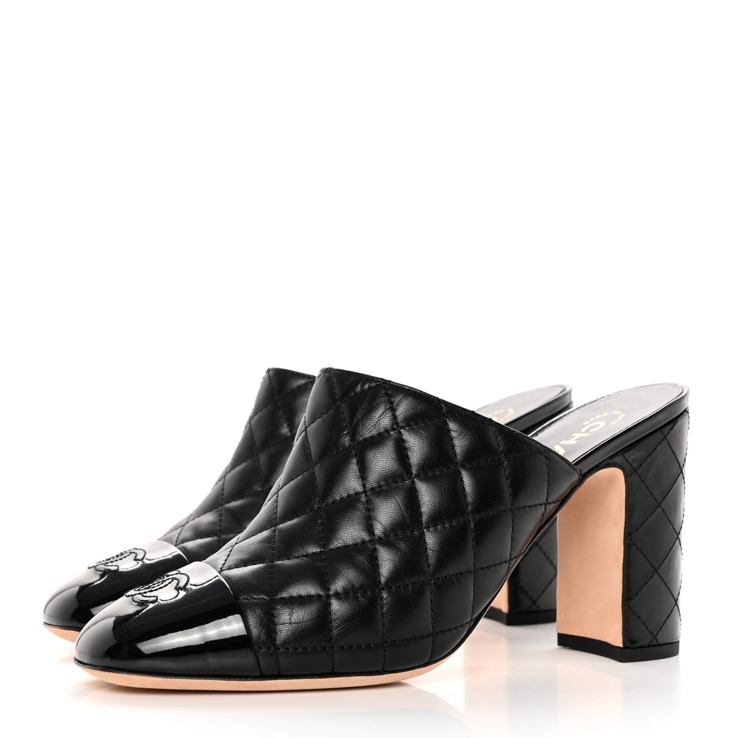 Goatskin Patent Calfskin Quilted Cap Toe CC Mules 40.5 Black