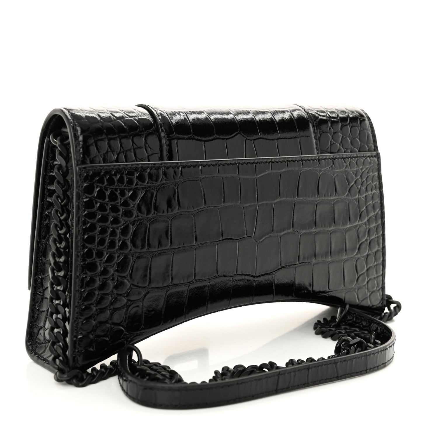 Shiny Calfskin Monochrome Crocodile Embossed Hourglass Chain Bag Black