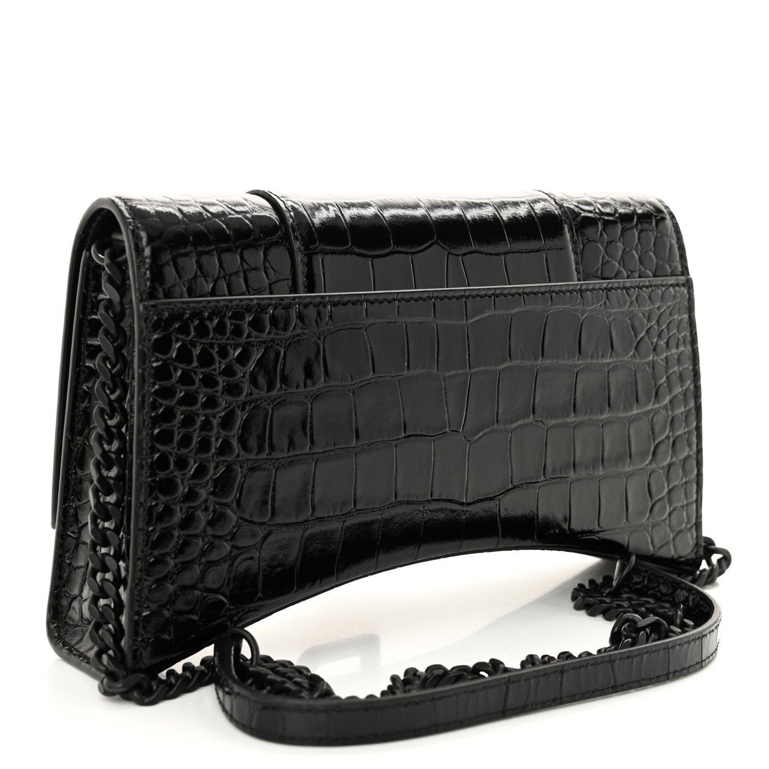 Balenciaga Shiny Calfskin Monochrome Crocodile Embossed Hourglass Chain Bag Black 3 of 9