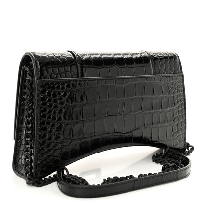 Balenciaga Shiny Calfskin Monochrome Crocodile Embossed Hourglass Chain Bag Black 3 of 9