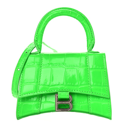 Balenciaga Shiny Calfskin Crocodile Embossed Hourglass Top Handle Bag Mini Fluo Green 1 of 13