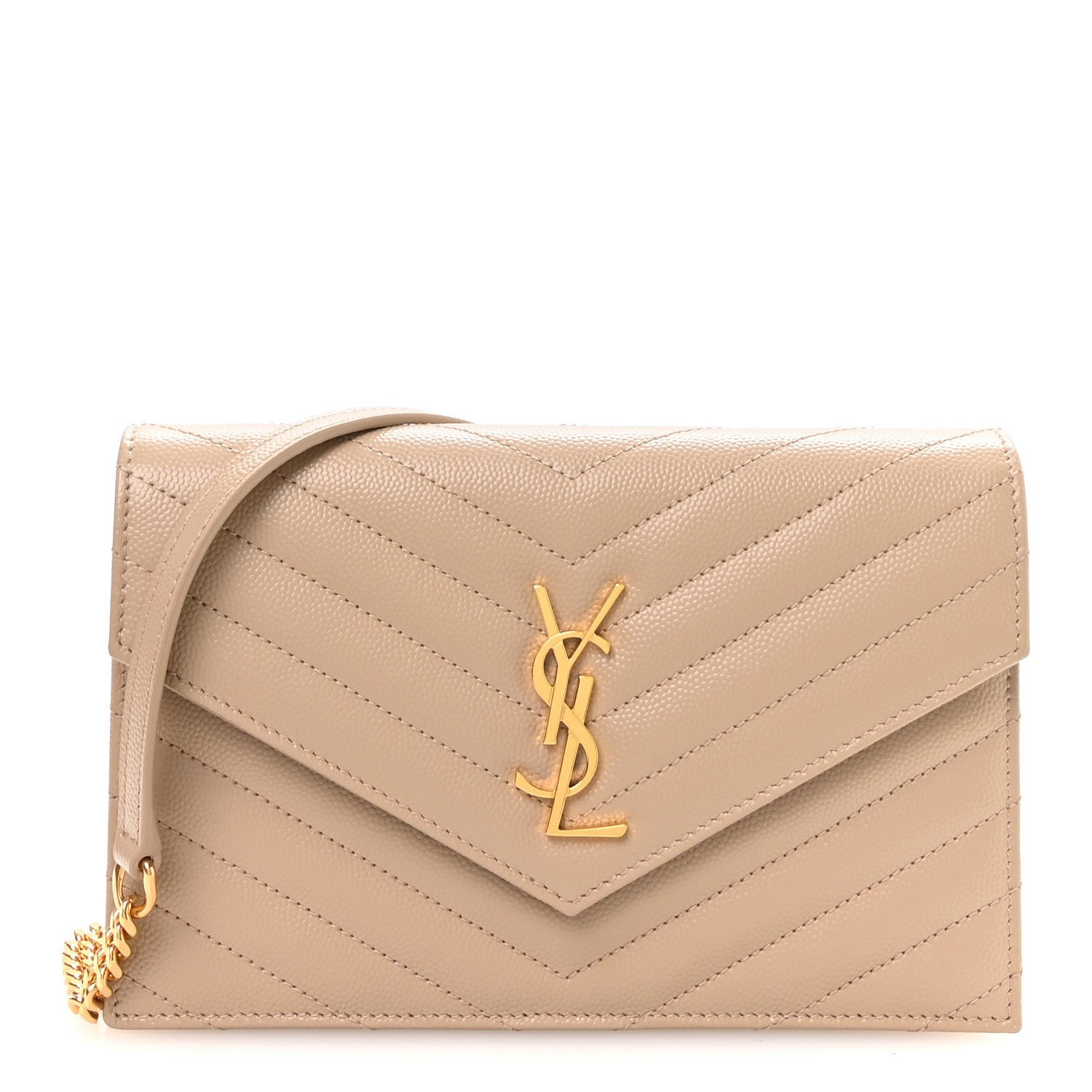 Saint Laurent Grain De Poudre Matelasse Chevron Monogram Envelope Chain Wallet Dark Beige 1 of 11