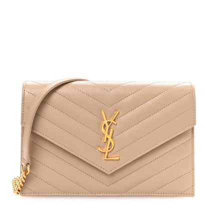 Saint Laurent Grain De Poudre Matelasse Chevron Monogram Envelope Chain Wallet Dark Beige 1 of 11