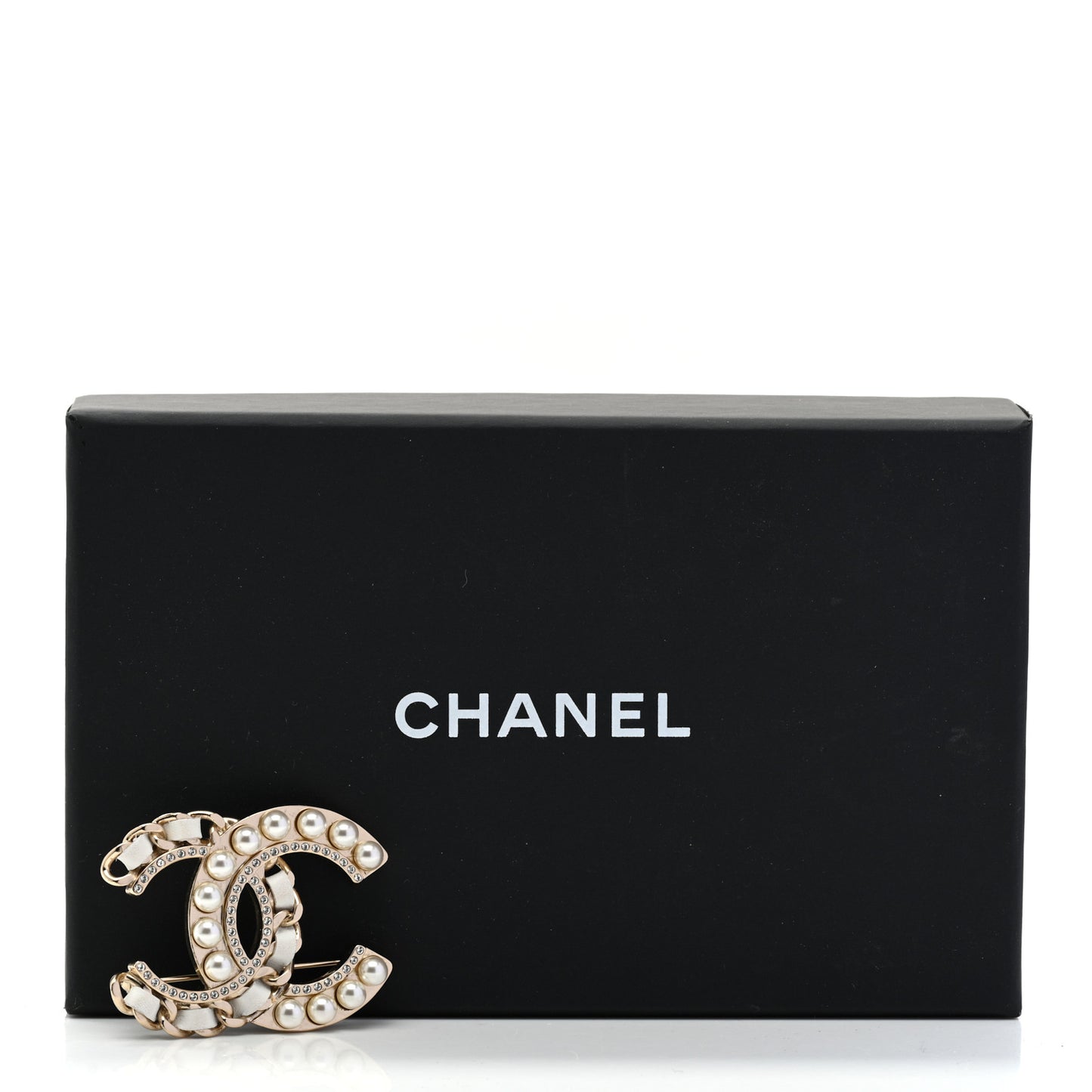 Lambskin Pearl Crystal CC Chain Brooch White Gold