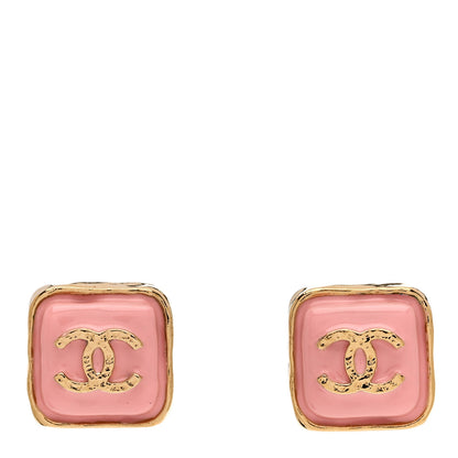 Chanel Resin CC Square Earrings Gold Pink 1 of 5
