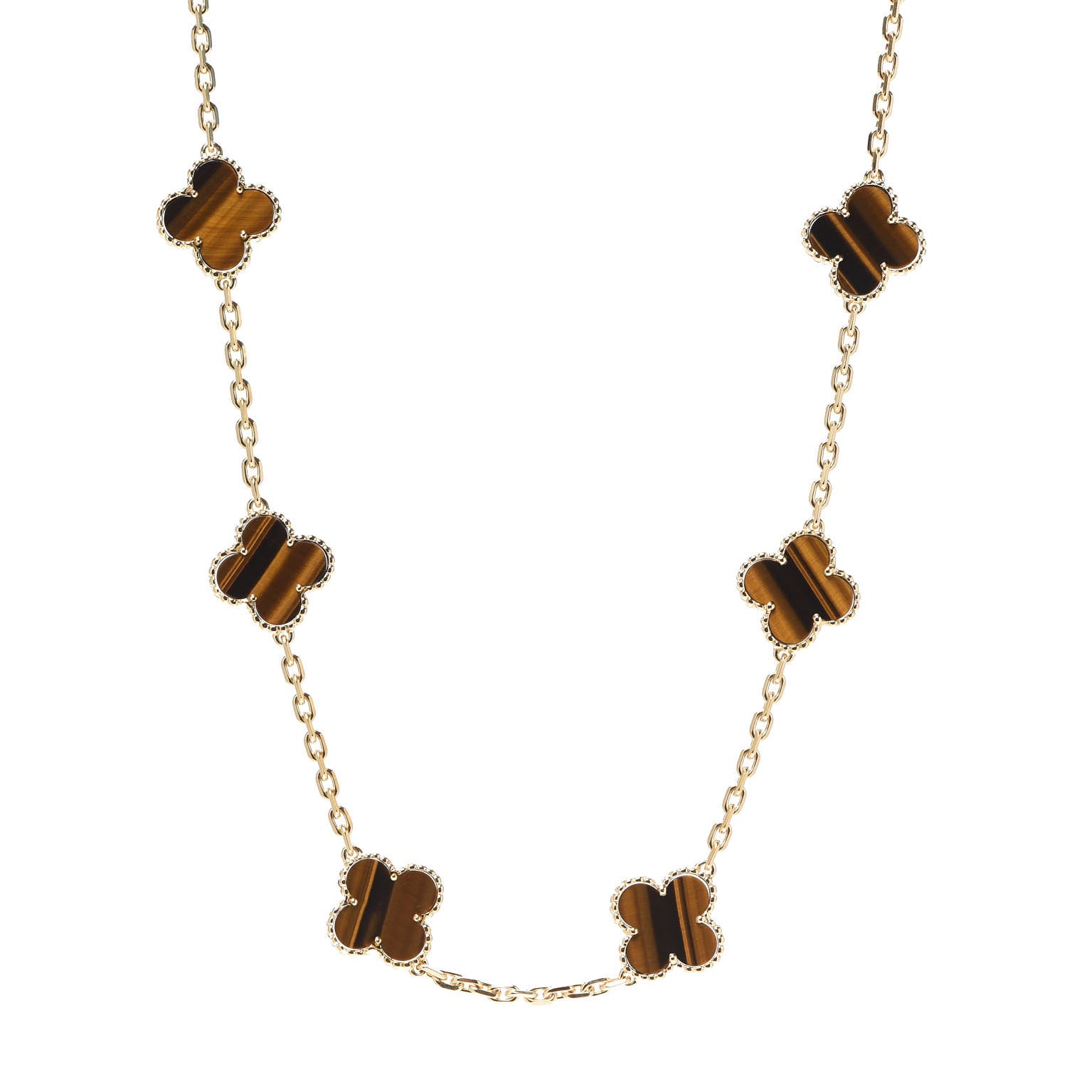 Van Cleef & Arpels 18K Yellow Gold Tiger Eye 10 Motifs Vintage Alhambra Necklace 1 of 7