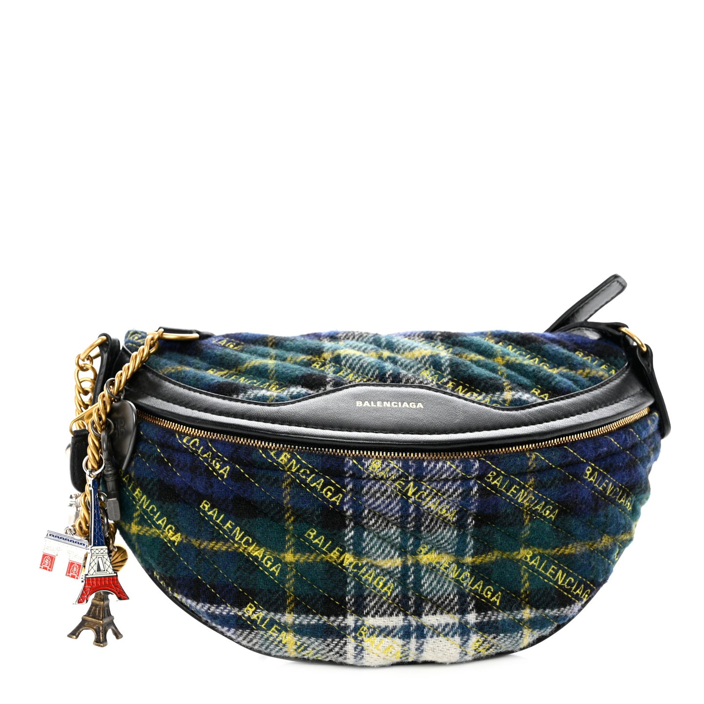 Wool Plaid Diagonal Allover Logo Matelasse XS Souvenir Belt Bag Green Blue Yellow