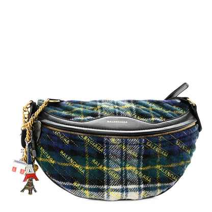 Balenciaga Wool Plaid Diagonal Allover Logo Matelasse XS Souvenir Belt Bag Green Blue Yellow 1 of 10