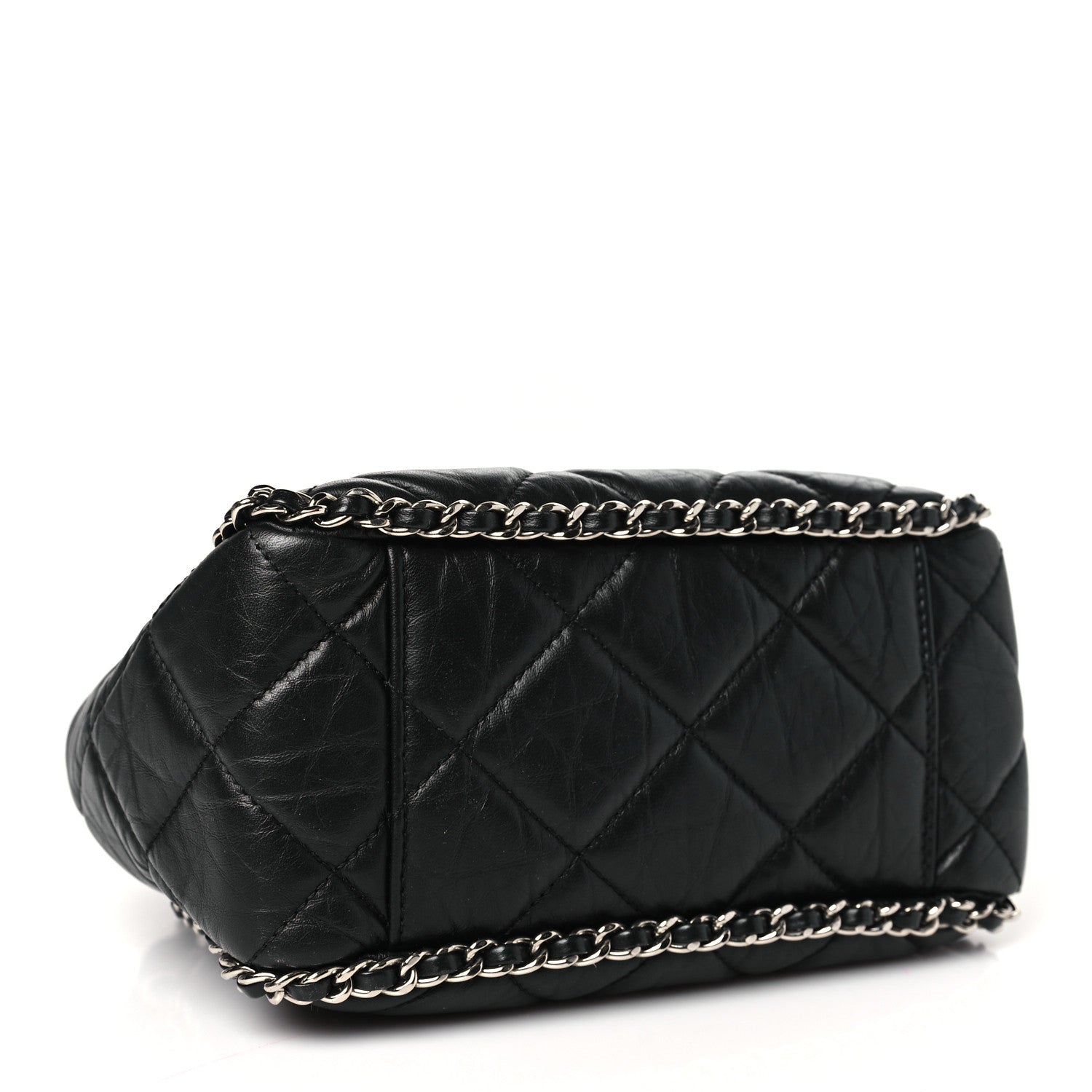 Chanel Crumpled Calfskin Quilted Chain All Over Drawstring Bucket Bag Black 4 of 10