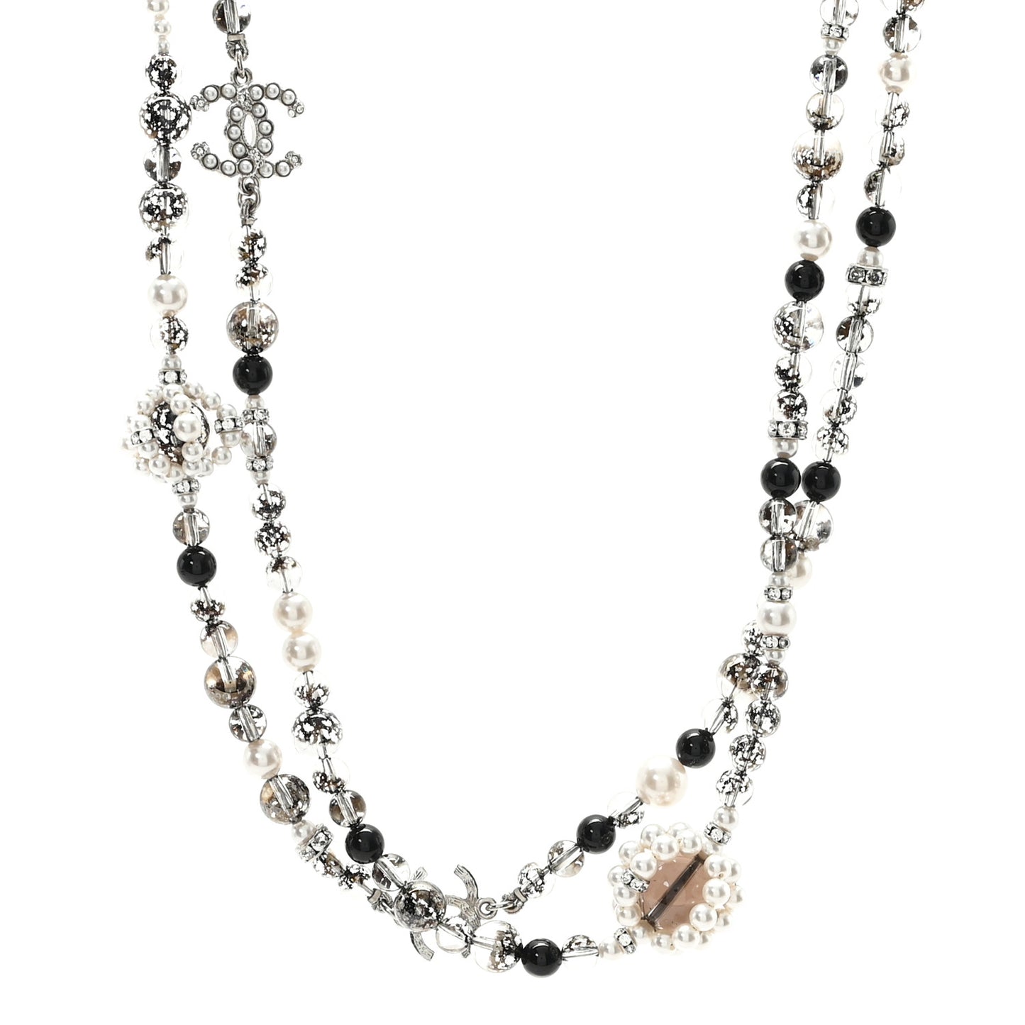 Pearl Crystal Bead CC Long Necklace Black