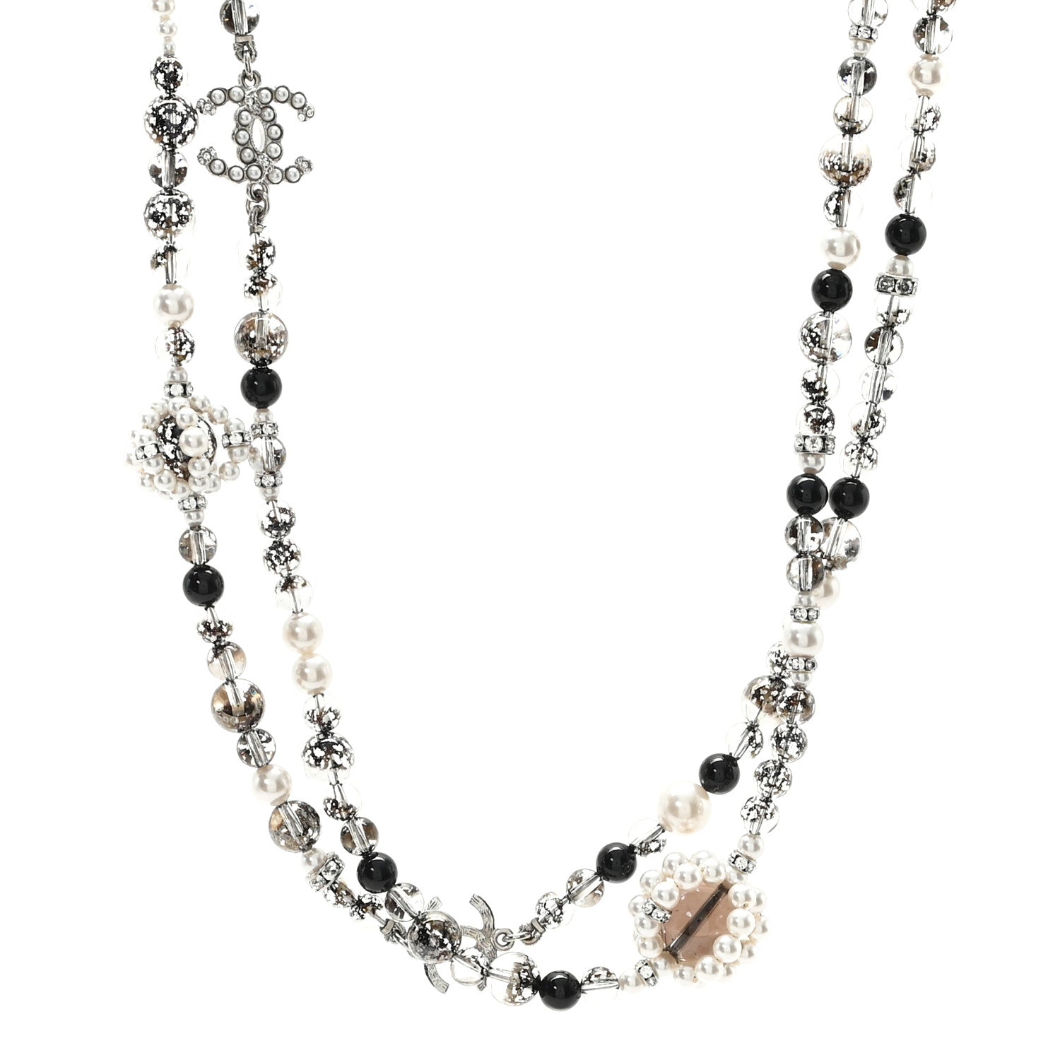 Chanel Pearl Crystal Bead CC Long Necklace Black 1 of 5