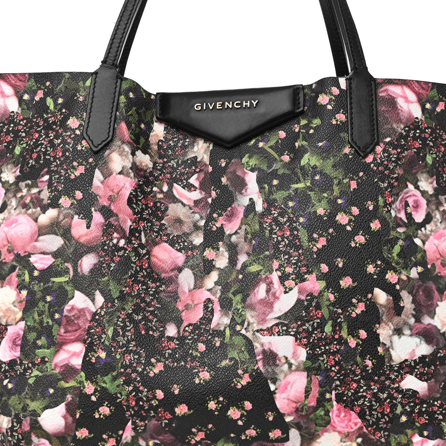 Textured Coated Canvas Roses Camouflage Print Large Antigona Tote Black