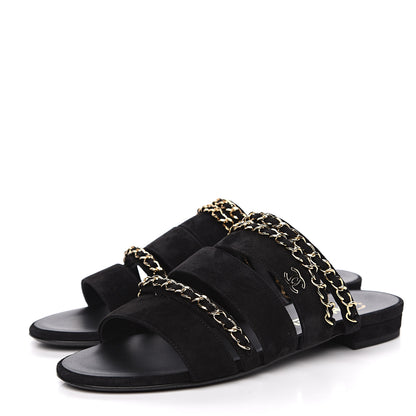 Chanel Kid Suede Chain CC Slide Flat Sandals 37 Black 3 of 9