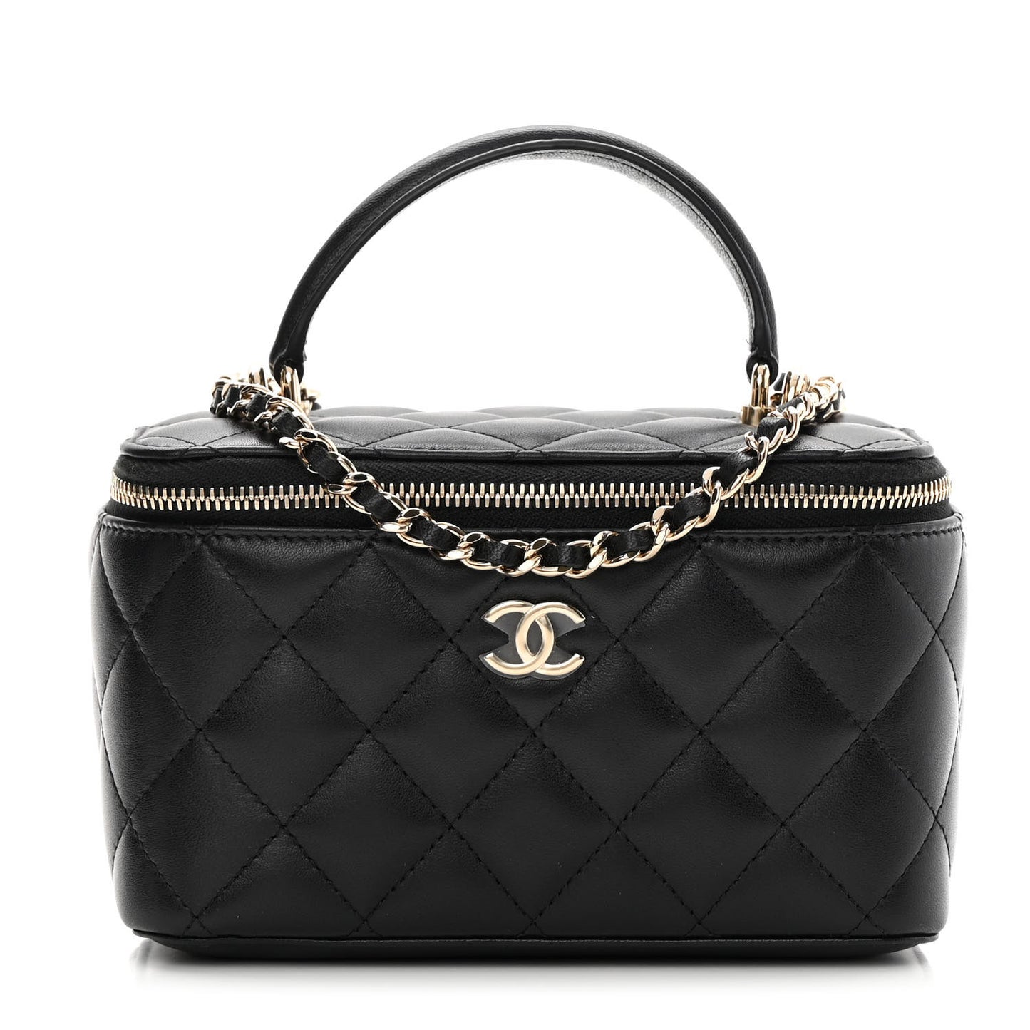 Lambskin Quilted Small Top Handle Vanity Case With Chain Black