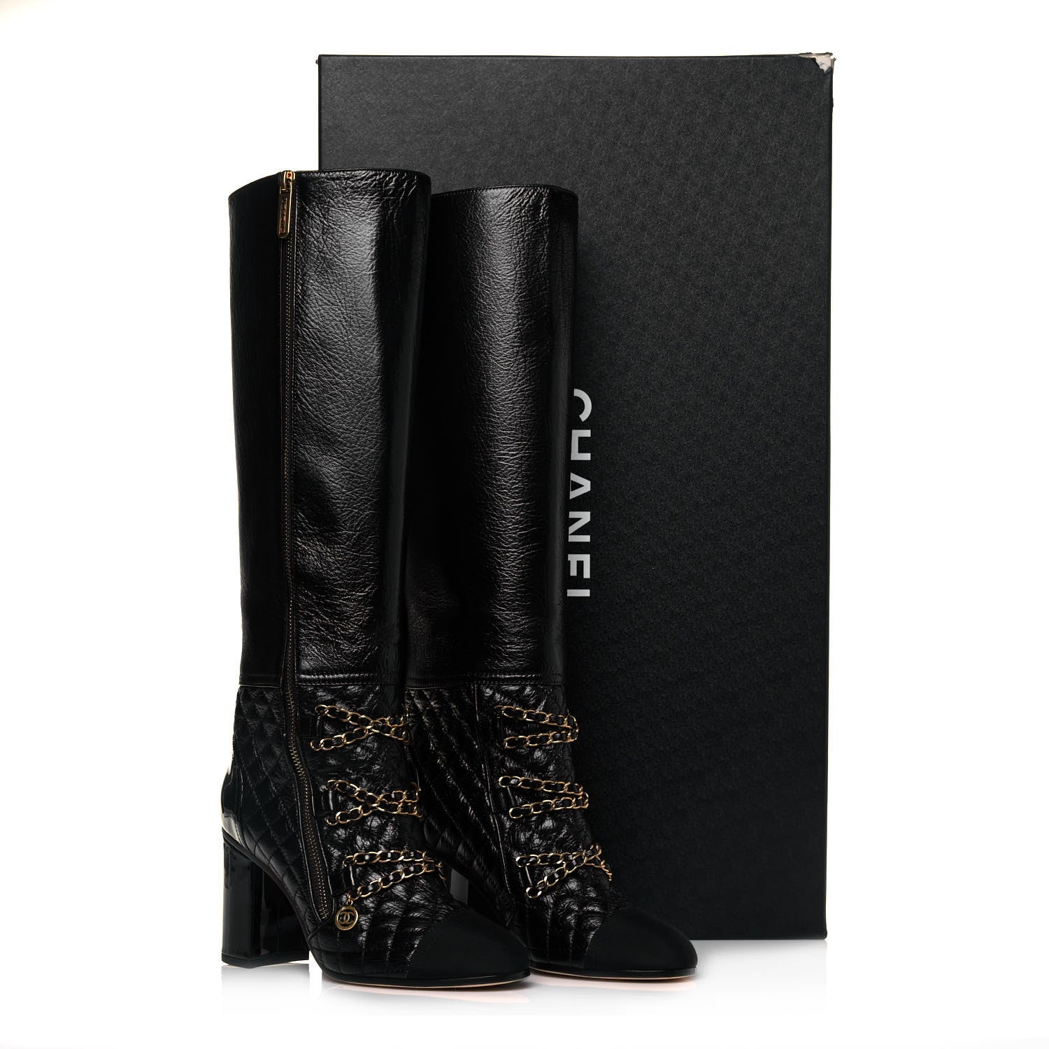 Chanel Lambskin Grosgrain Patent Chained High Boots 37.5 Black 8 of 8