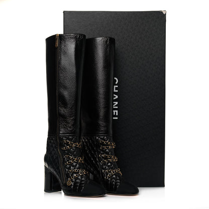 Chanel Lambskin Grosgrain Patent Chained High Boots 37.5 Black 8 of 8