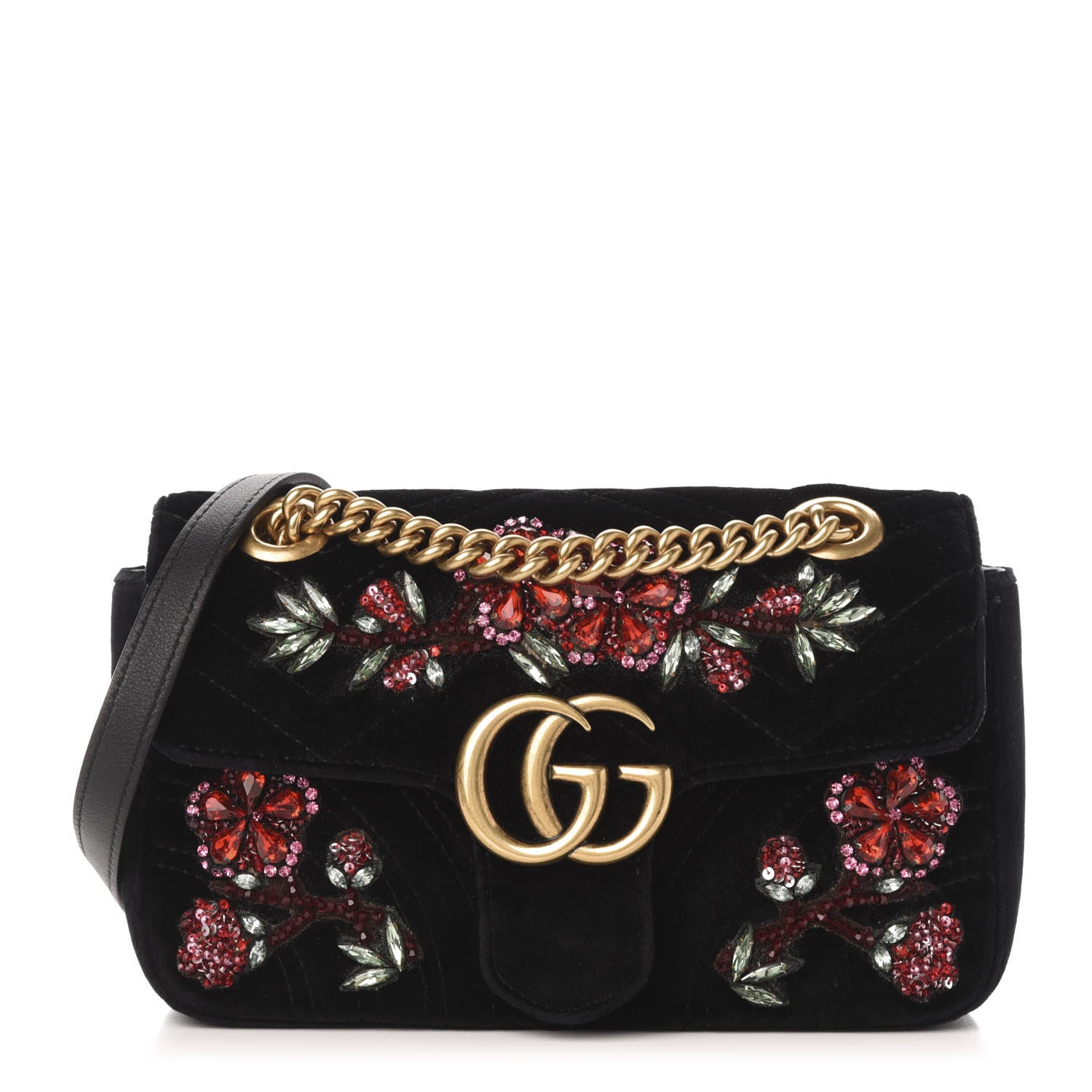 Gucci Velvet Matelasse Embroidered Mini GG Marmont Shoulder Bag Black 1 of 12