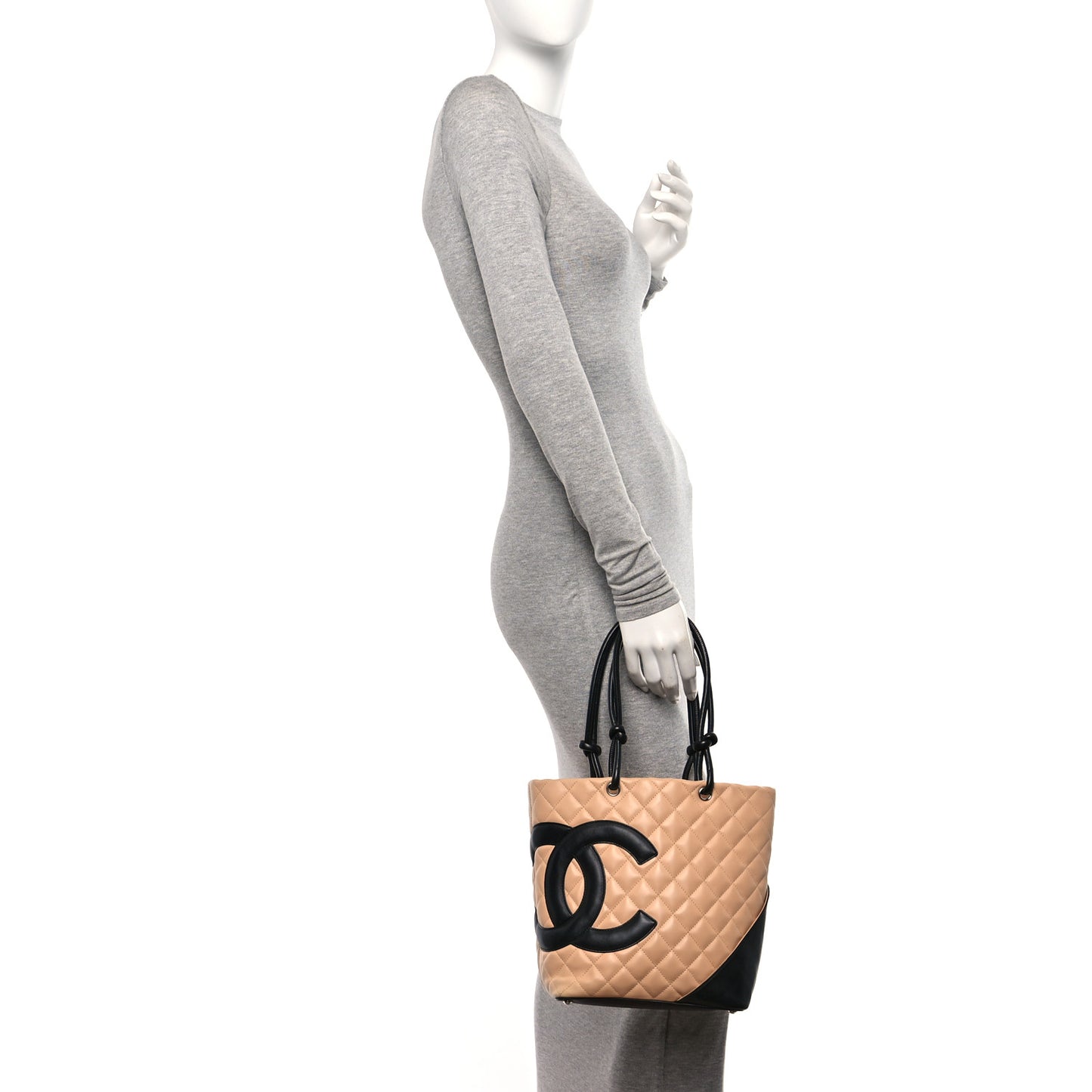 Calfskin Quilted Medium Cambon Tote Beige Black