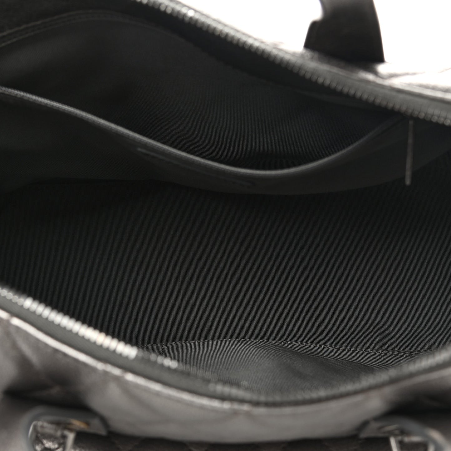 Metallic Grained Calfskin Quilted Large Casual Pocket Bowling Bag Silver