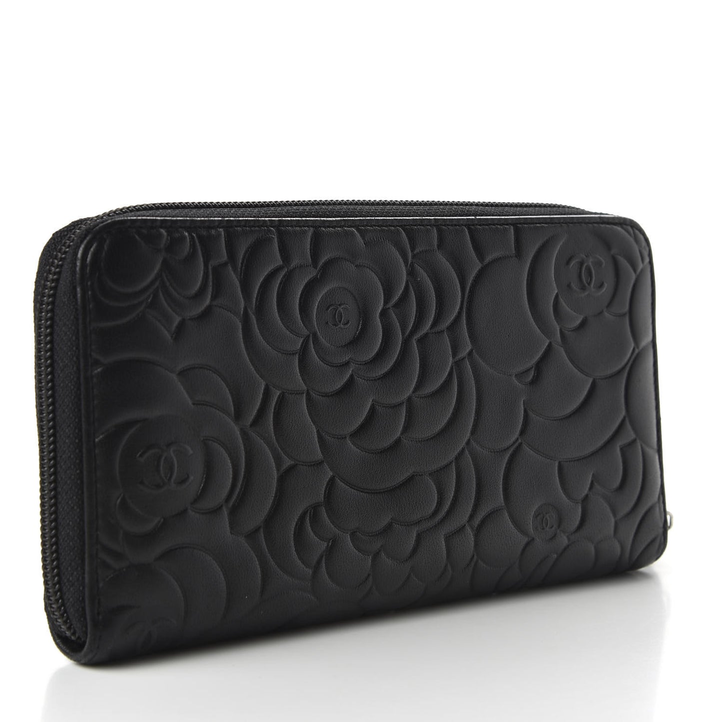 Lambskin Camellia Embossed Large Zip Around Gusset Wallet Black
