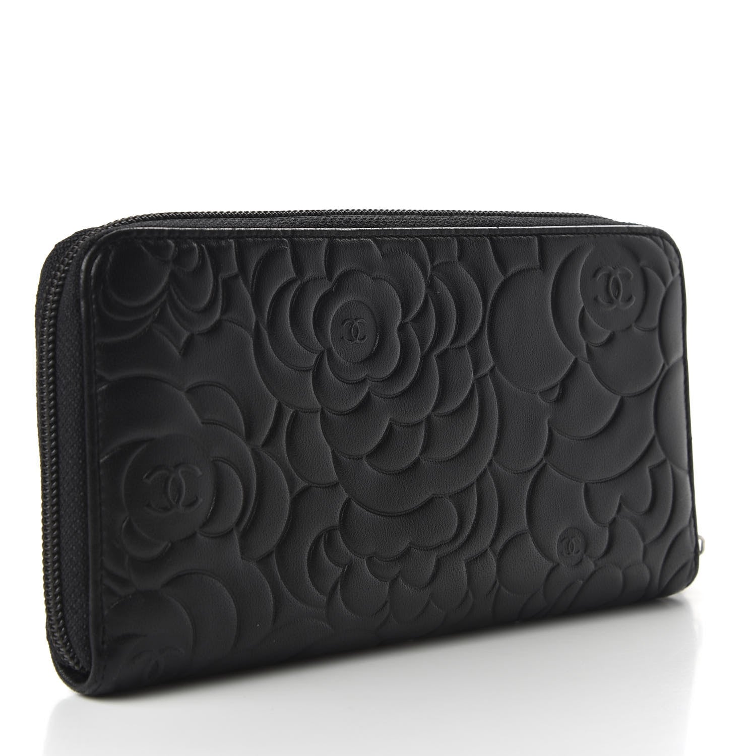 Chanel Lambskin Camellia Embossed Large Zip Around Gusset Wallet Black 3 of 8