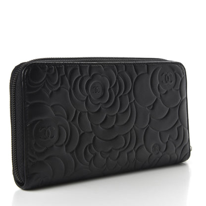 Chanel Lambskin Camellia Embossed Large Zip Around Gusset Wallet Black 3 of 8
