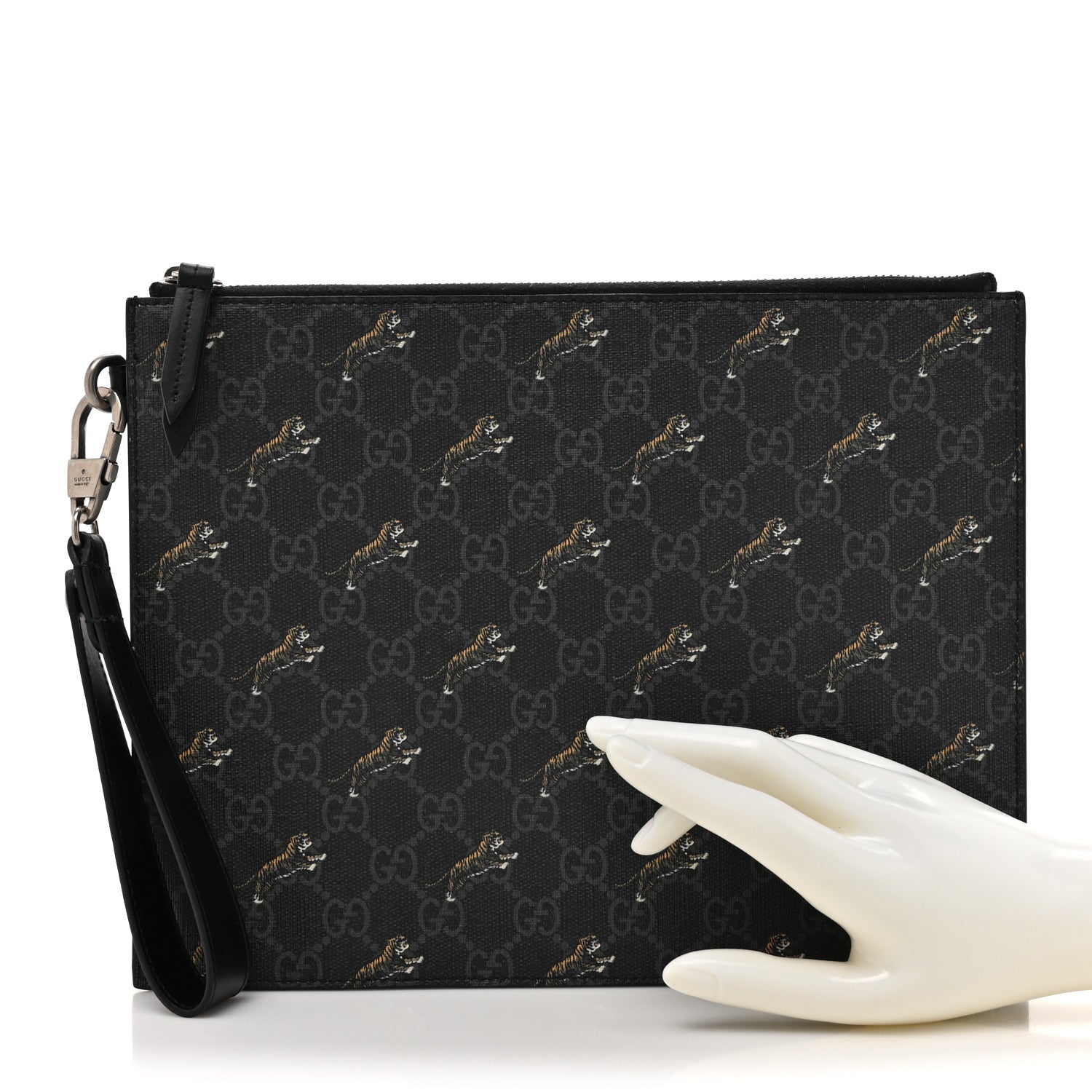 Gucci GG Supreme Monogram Tigers Zip Wristlet Pouch Black 2 of 12