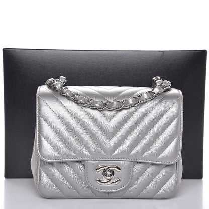 Chanel Metallic Caviar Chevron Quilted Mini Square Flap Silver 8 of 8