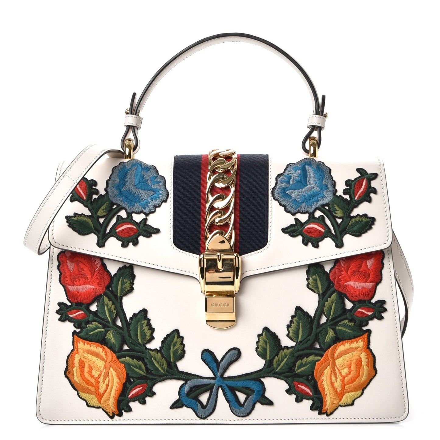 Calfskin Embroidered Medium Sylvie Top Handle Bag White