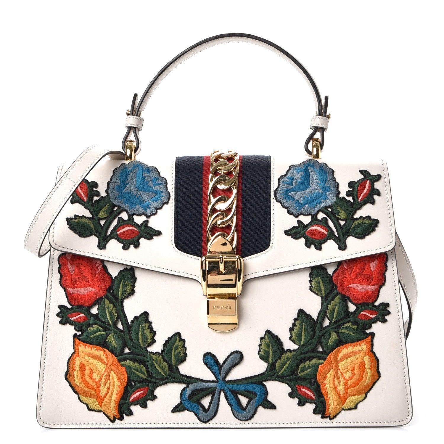 Gucci Calfskin Embroidered Medium Sylvie Top Handle Bag White 1 of 7