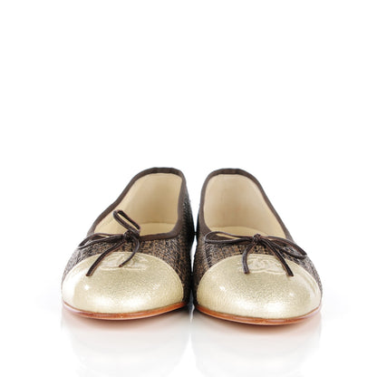 Chanel Tweed Ribbon Metallic Crackled Calfskin CC Cap Toe Ballerina Flats 38.5 Brown Gold 2 of 9
