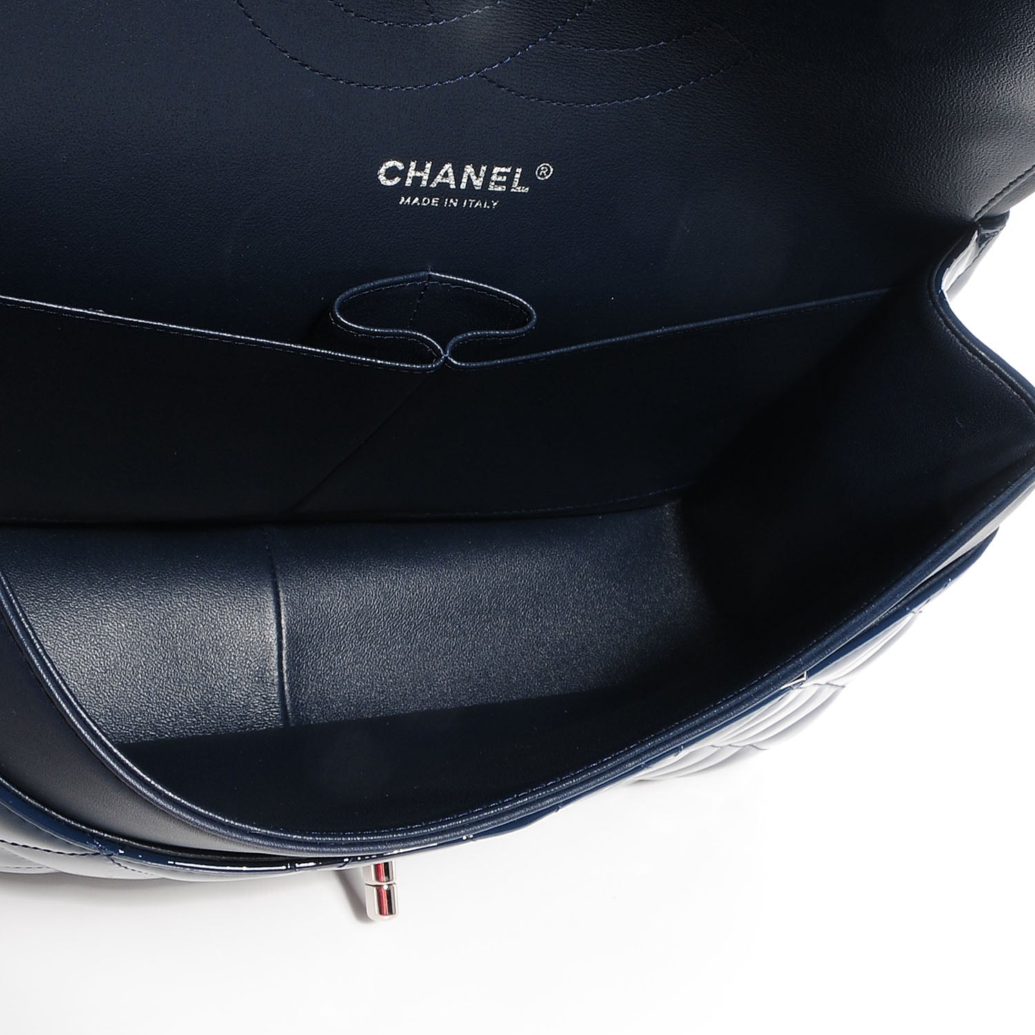 シャネル1957 Chanel Patent Jumbo Double Flap Navy Blue 71267 – FASHIONPHILE