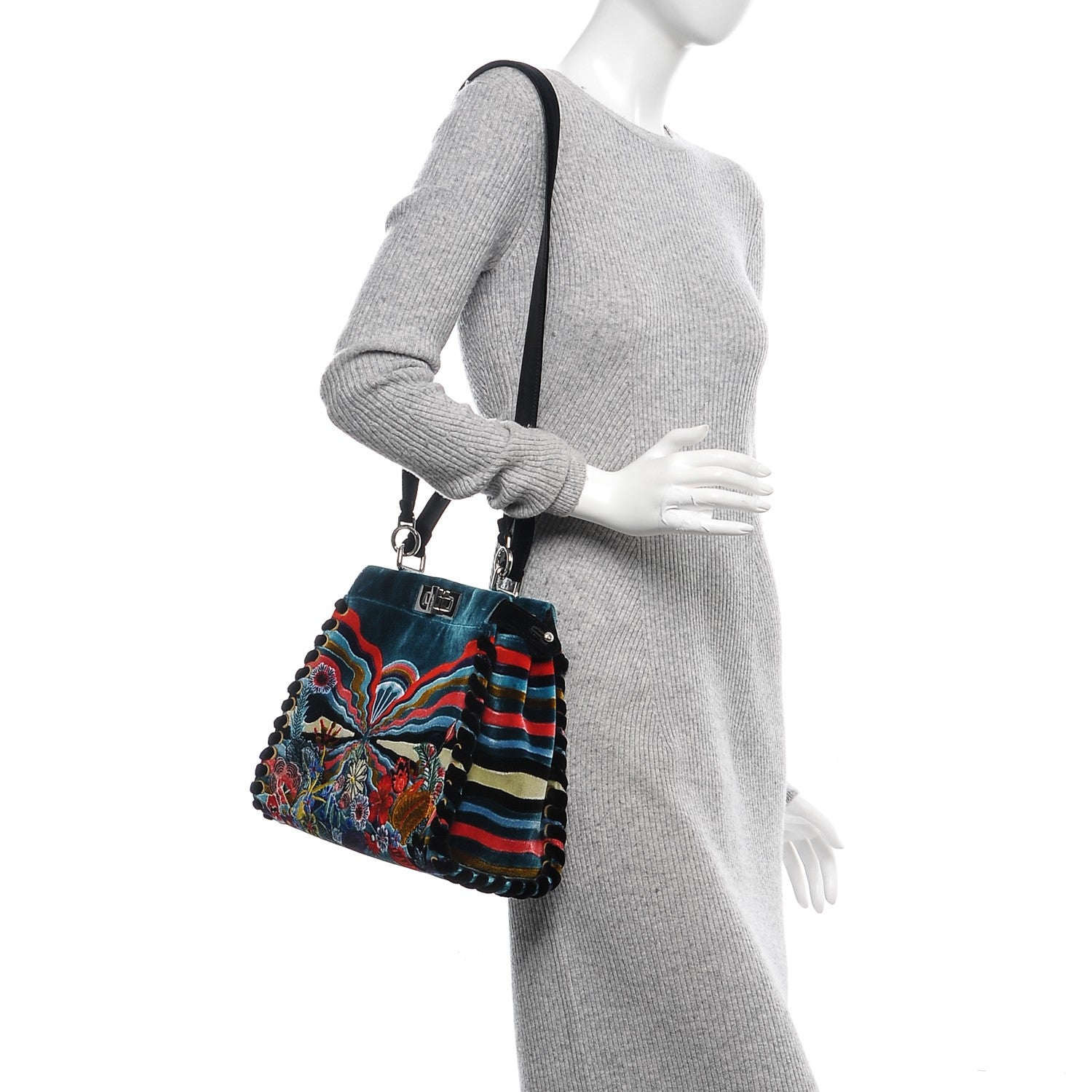 Fendi Velvet Lace Up Embroidered Medium Peekaboo Iconic Satchel Multicolor 2 of 6